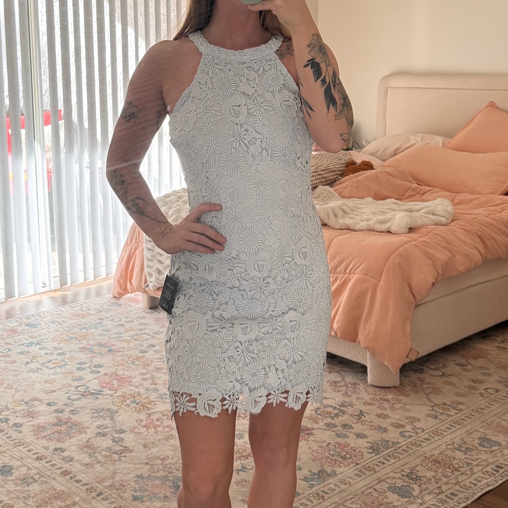 Lulu's Baby Blue Floral Lace Halter Mini Dress